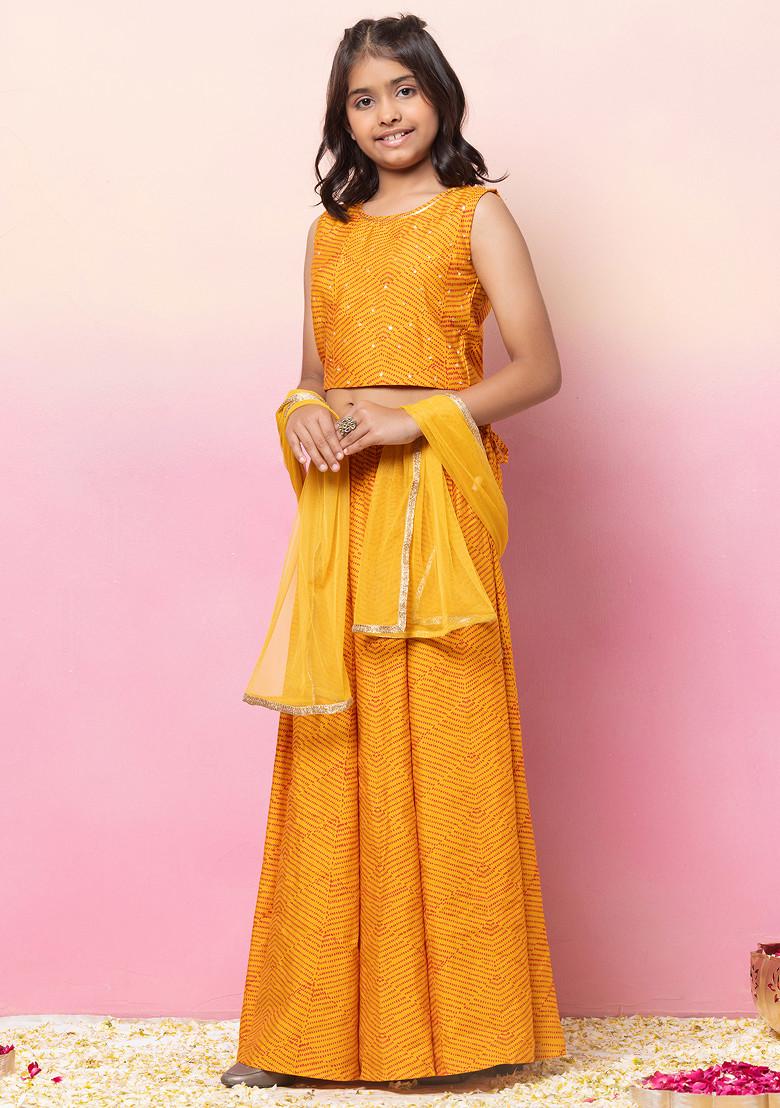 Yellow Printed Lehenga With Embroidered Blouse And Mesh Dupatta (Set of 3)