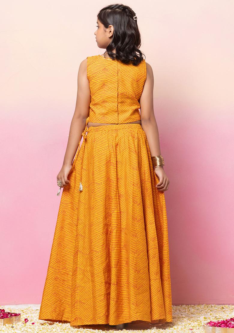 Yellow Printed Lehenga With Embroidered Blouse And Mesh Dupatta (Set of 3)