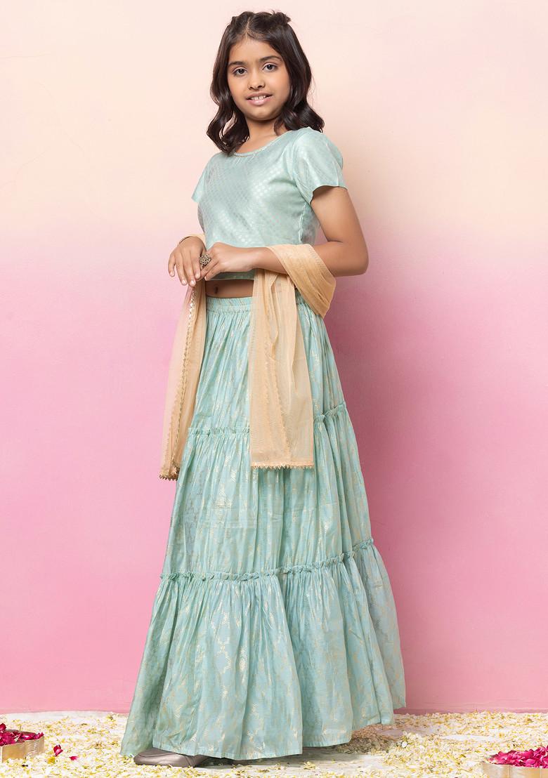 Sage Green Foil Print Tiered Lehenga With Blouse And Contrast Dupatta (Set of 3)