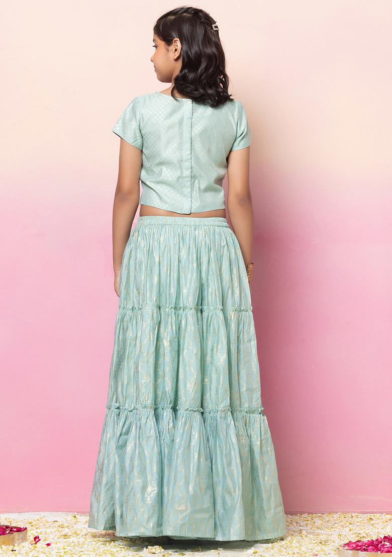 Sage Green Foil Print Tiered Lehenga With Blouse And Contrast Dupatta (Set of 3)