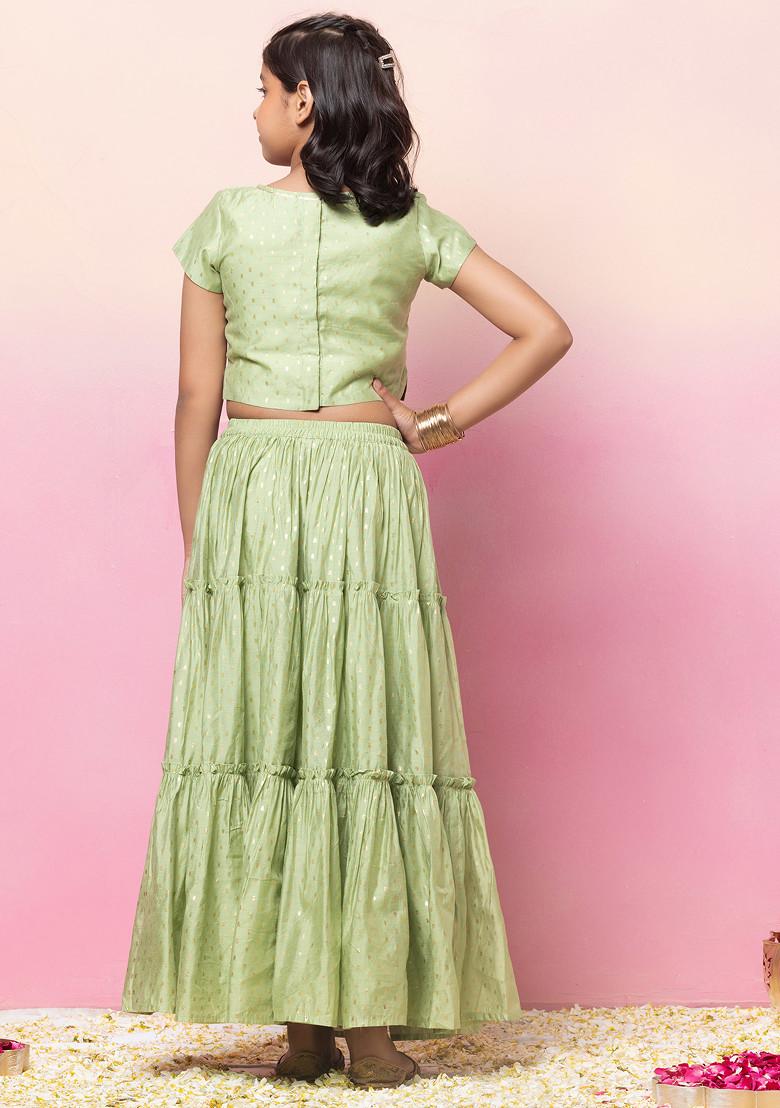 Pastel Green Foil Print Tiered Lehenga With Blouse And Mesh Dupatta (Set of 3)