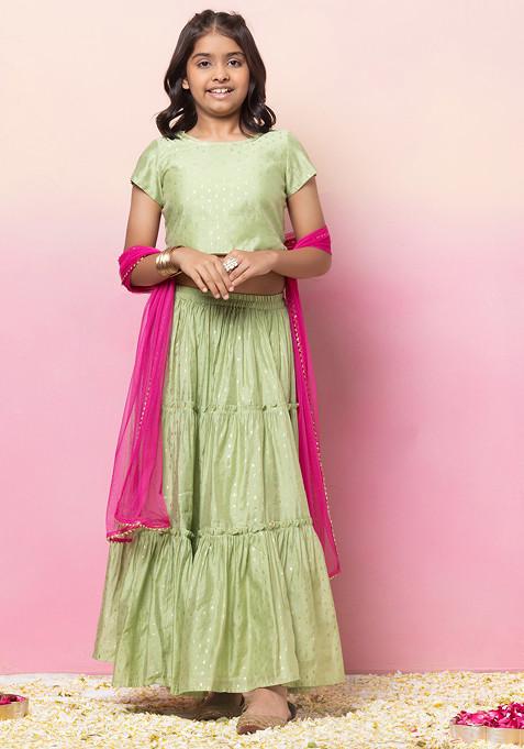 Pastel Green Foil Print Tiered Lehenga With Blouse And Mesh Dupatta (Set of 3)