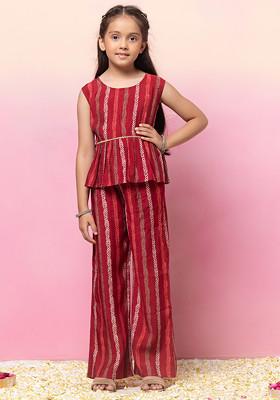 Red Block Print Peplum Top With Pants (Set of 2)