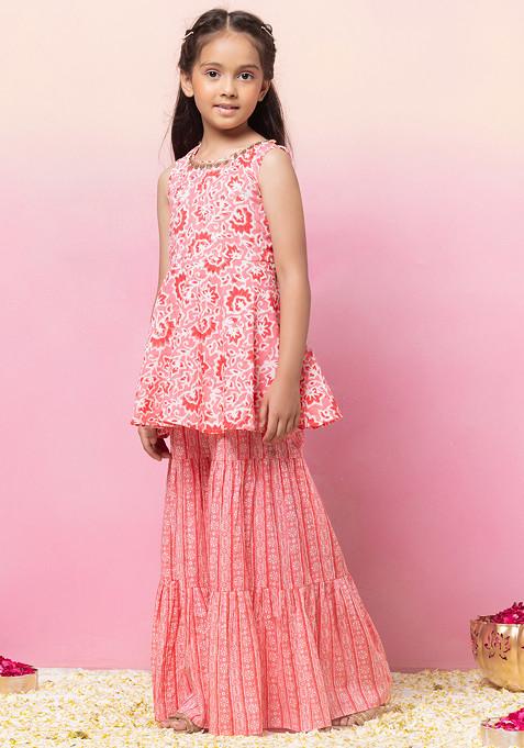 Girls Baby Pink Jacquard Kurta with White Sharara Set