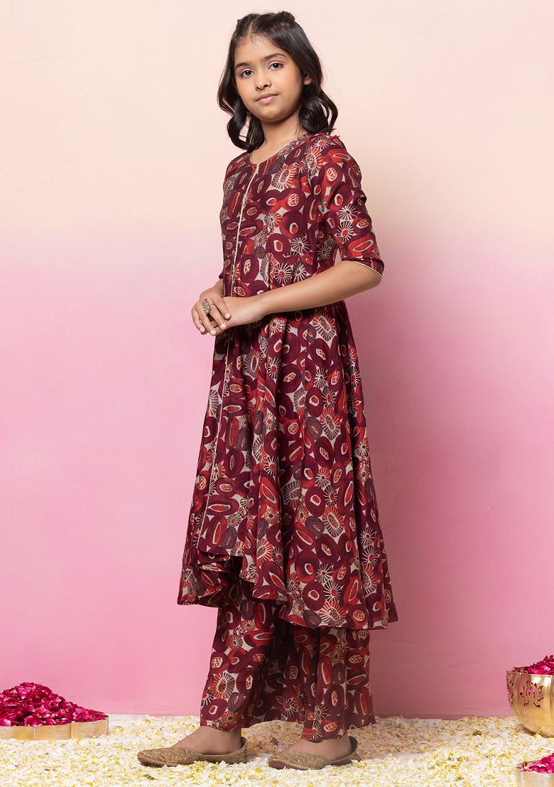 Red Foil Print Front Slit Kurta With Palazzo Pants And Dupatta (Set of 3)