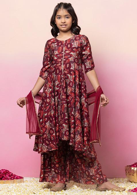 Red Foil Print Front Slit Kurta With Palazzo Pants And Dupatta (Set of 3)