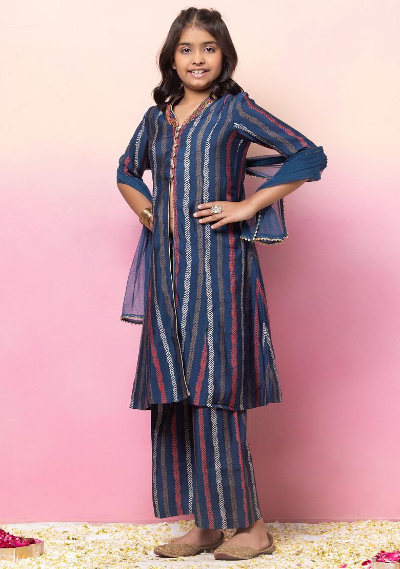 Indigo Blue Block Print Embroidered Kurta With Palazzo Pants And Dupatta (Set of 3)