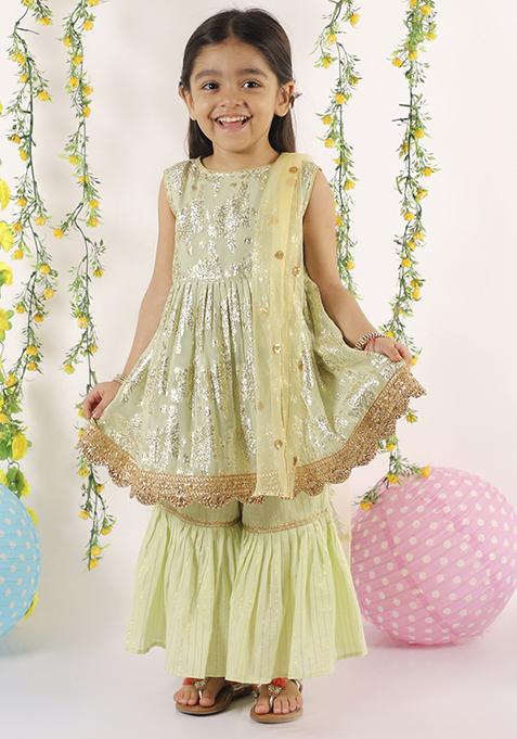 Girls Mint Green Schiffli kurta With Flared Sharara And Dupatta