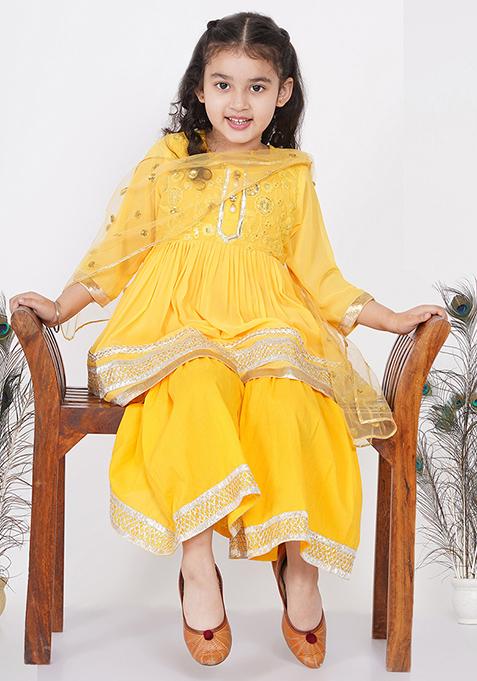 Buy Women Yellow Sharara With Gota Patti Kurta And Dupatta (Set Of 3 ...