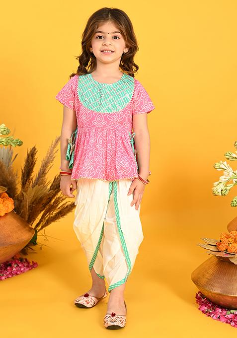 Girls Red Bandhani Print Kaftan And Pants Set