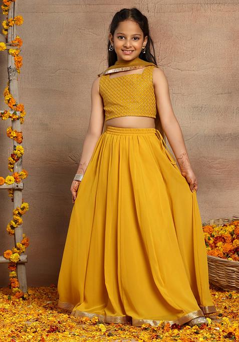 Mustard Lehenga With Embroidered Blouse And Dupatta (Set of 3)