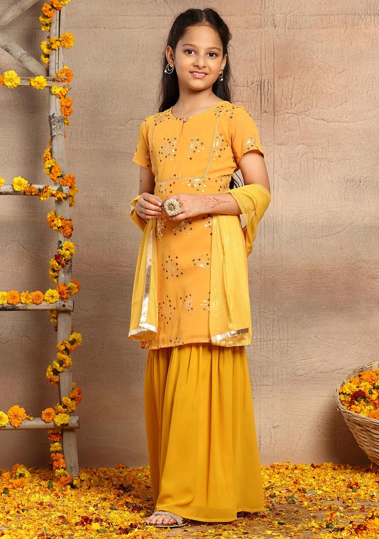 Mustard Abstract Print Kurta With Palazzo And Dupatta (Set of 3)