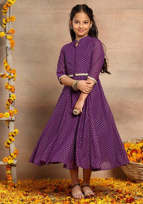 Purple Bandhani Print Anarkali Kurta With Short Jacket (Set of 2)
