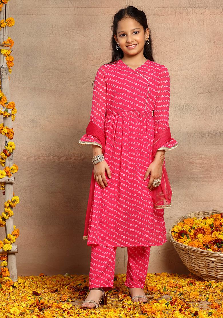 Hot Pink Bandhani Print Angrakha Kurta With Pants And Dupatta (Set of 3)