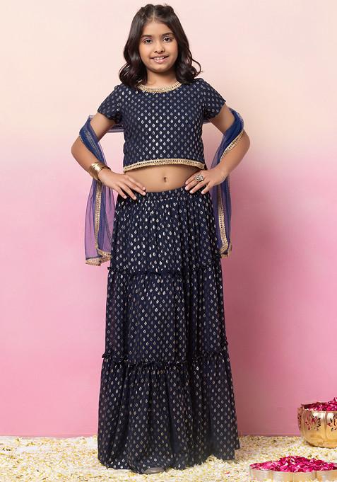 Navy Blue Foil Print Tiered Lehenga With Blouse And Mesh Dupatta (Set of 3)