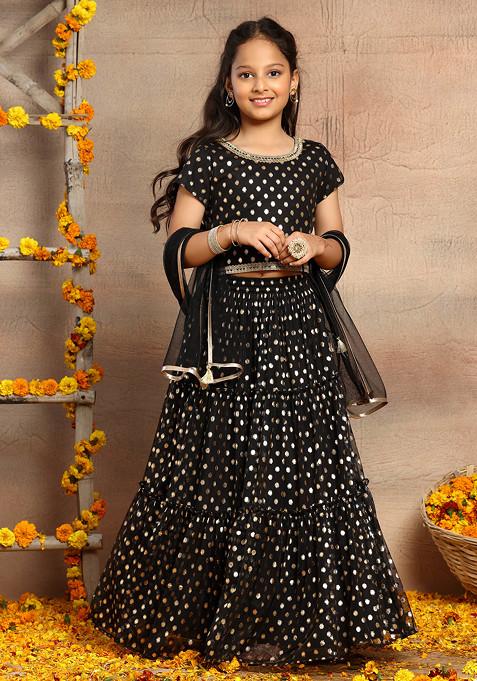 Black Foil Print Tiered Lehenga With Blouse And Mesh Dupatta (Set of 3)