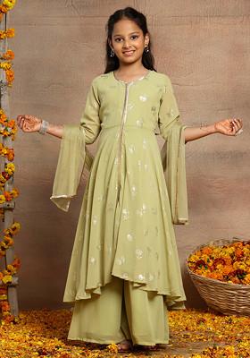Pastel Green Floral Foil Print Kurta With Pants And Dupatta (Set of 3)