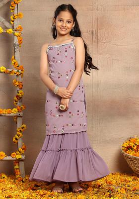 Lilac Mirror Work Strappy Kurta With Pants (Set of 2)