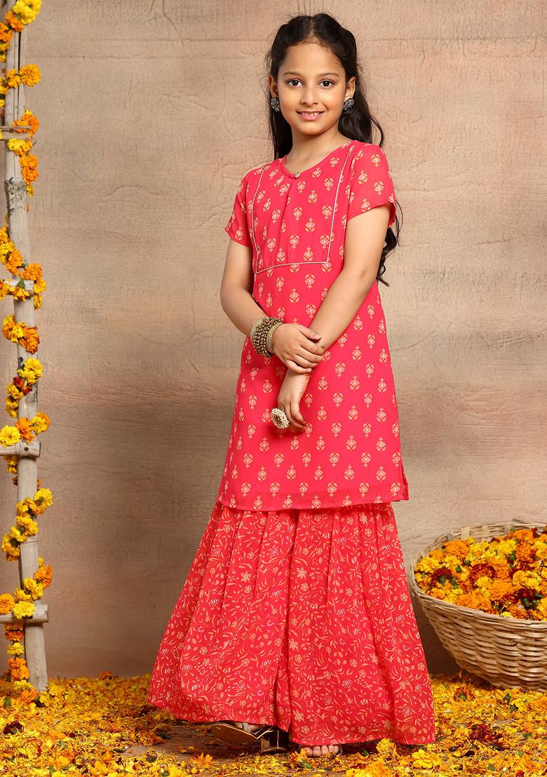 Fuchsia Pink Floral Print Kurta With Printed Pants And Dupatta (Set of 3)