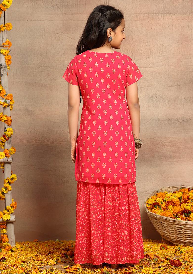 Fuchsia Pink Floral Print Kurta With Printed Pants And Dupatta (Set of 3)