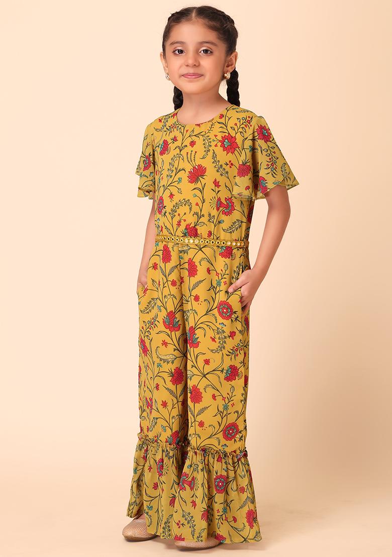 Mustard Yellow Floral Print Jumpsuit With Dori Belt (Set of 2)