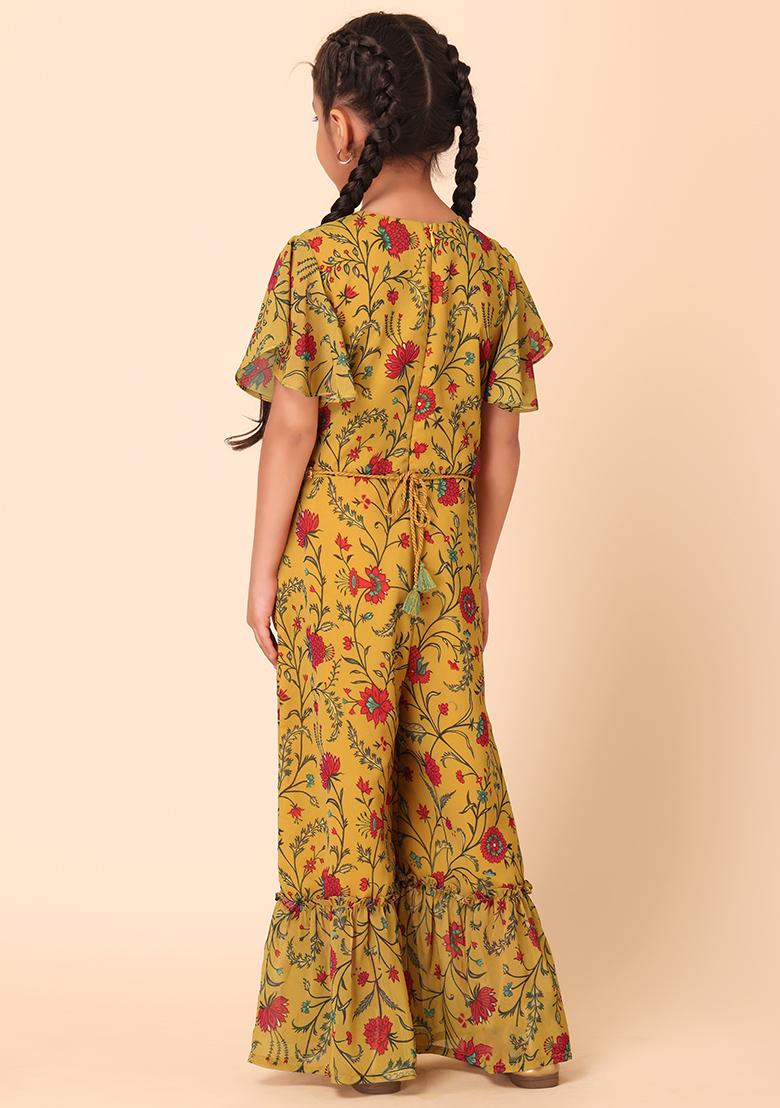 Buy Women Mustard Yellow Floral Print Jumpsuit With Dori Belt (Set Of 2