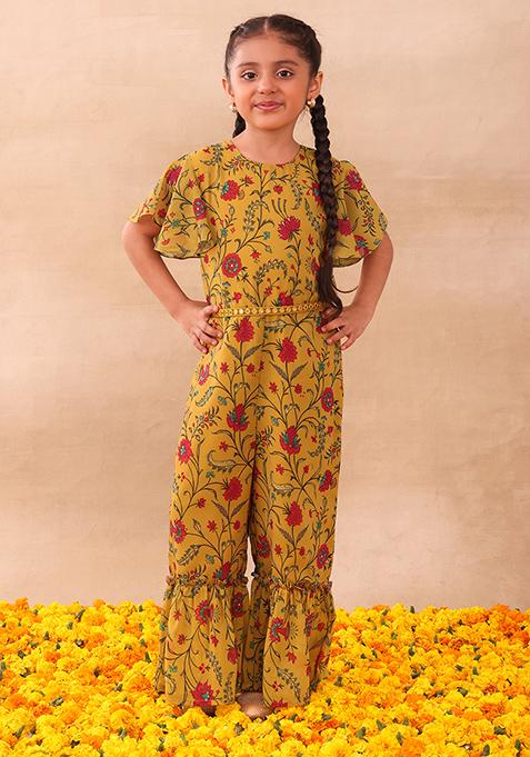Mustard Yellow Floral Print Jumpsuit With Dori Belt (Set of 2)