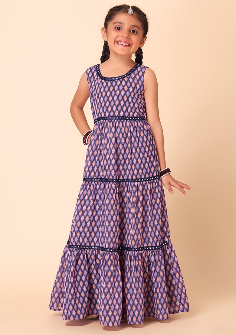 Purple Ikat Print Tiered Dress