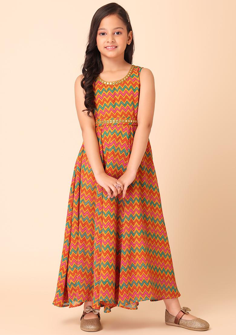 Yellow Chevron Print Flared Dress With Belt (Set of 2)