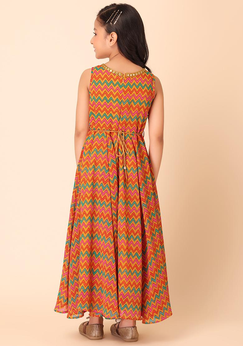 Yellow Chevron Print Flared Dress With Belt (Set of 2)