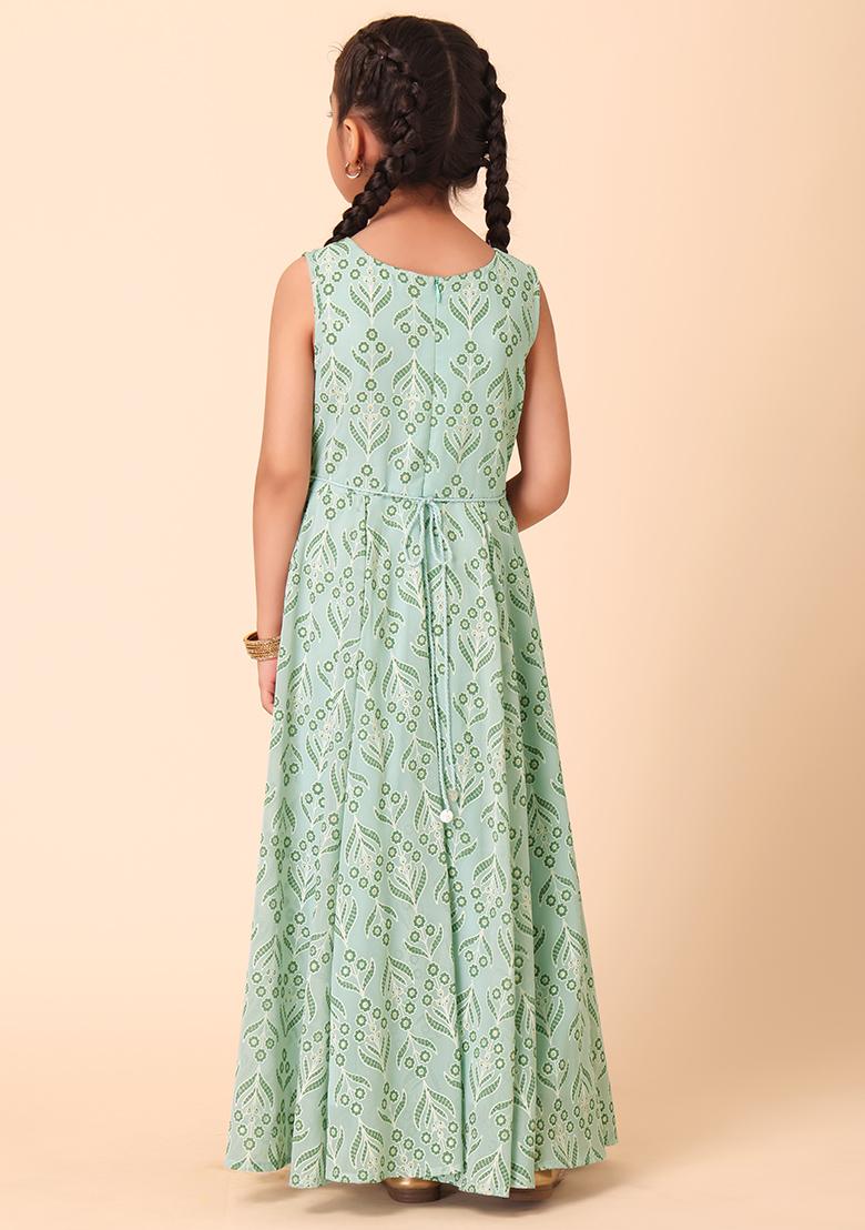 Light Blue Floral Print Flared Dress With Belt (Set of 2)