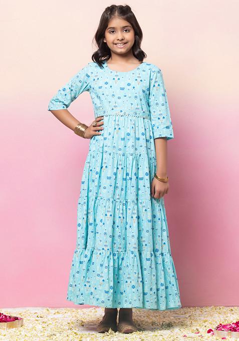 Blue Tiered Maxi Kurta With Embroidered Belt (Set of 2)