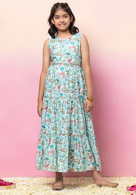 Pastel Blue Block Print Tiered Maxi Dress