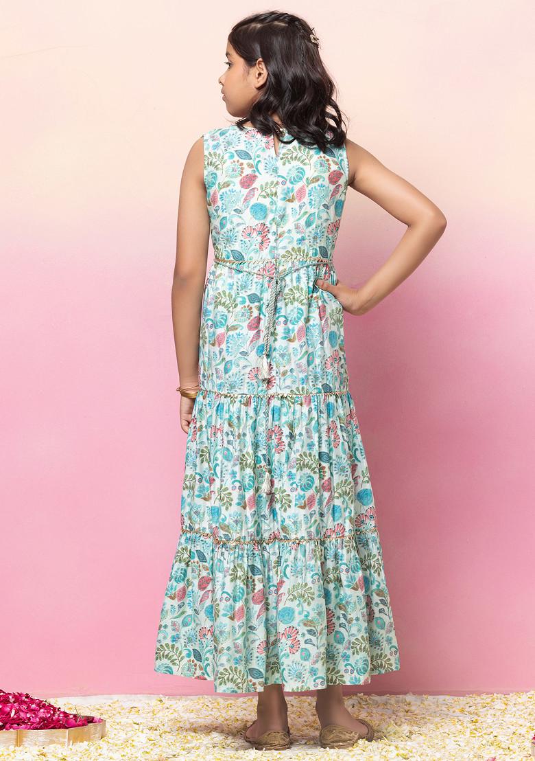 Buy Women Pastel Blue Block Print Tiered Maxi Dress - Girls Dress - Indya