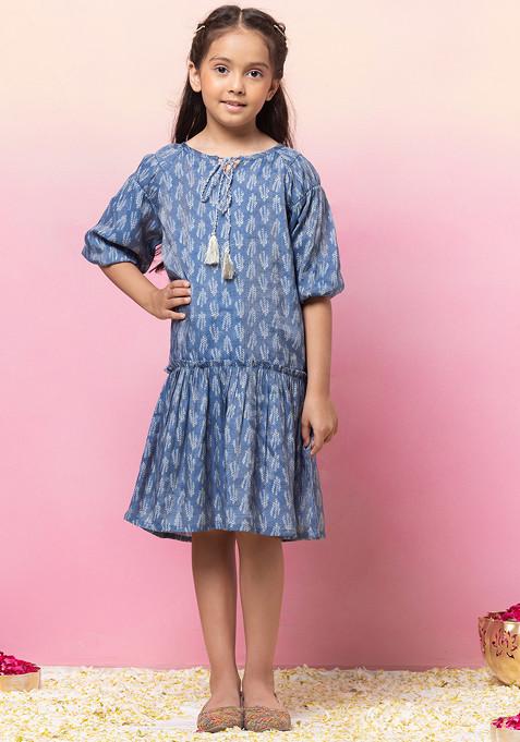 Indigo Blue Block Print Tiered Dress With Belt (Set of 2)