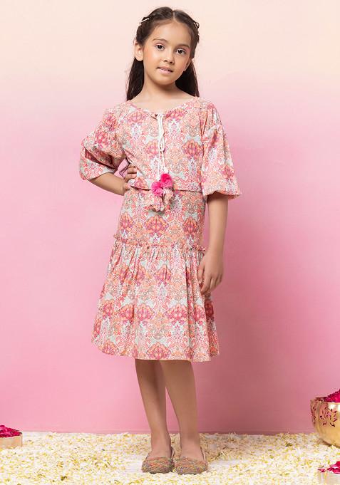 Pink Floral Block Print Tiered Dress With Belt (Set of 2)