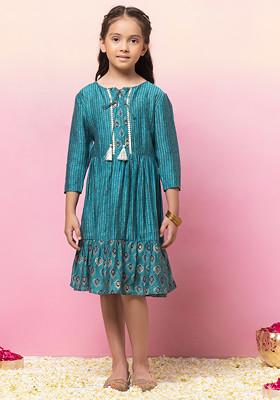 Turquoise Green Floral Foil Print Tiered Dress