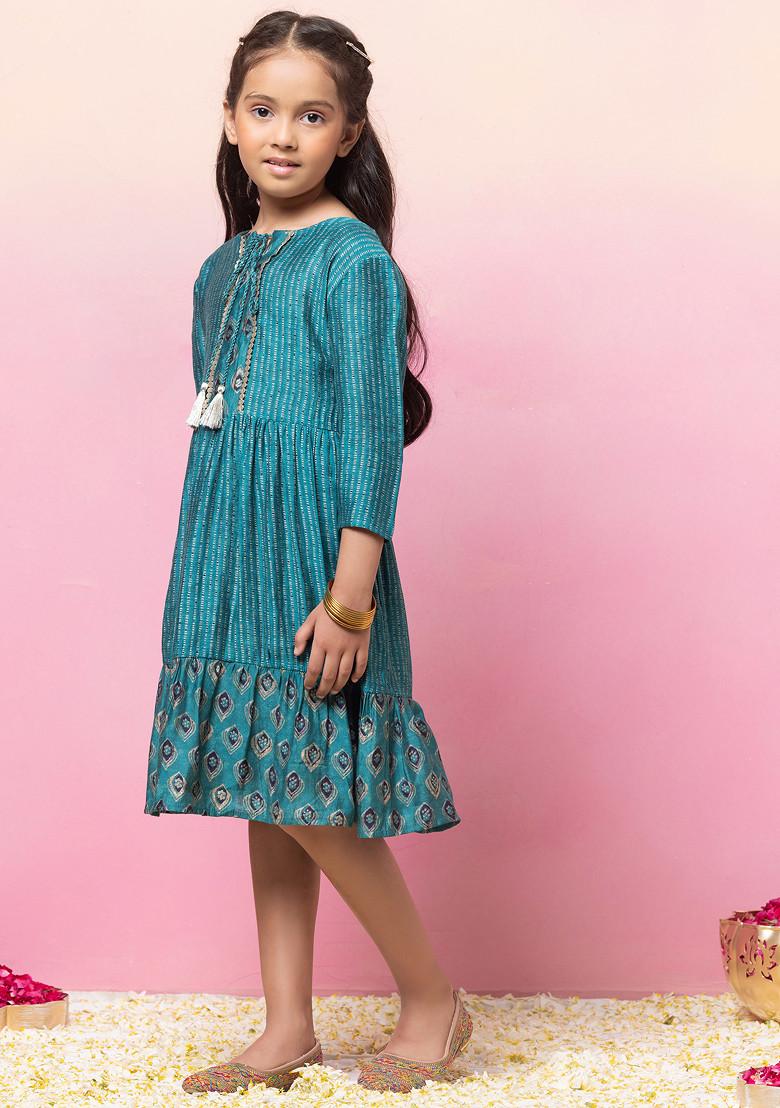 Turquoise Green Floral Foil Print Tiered Dress