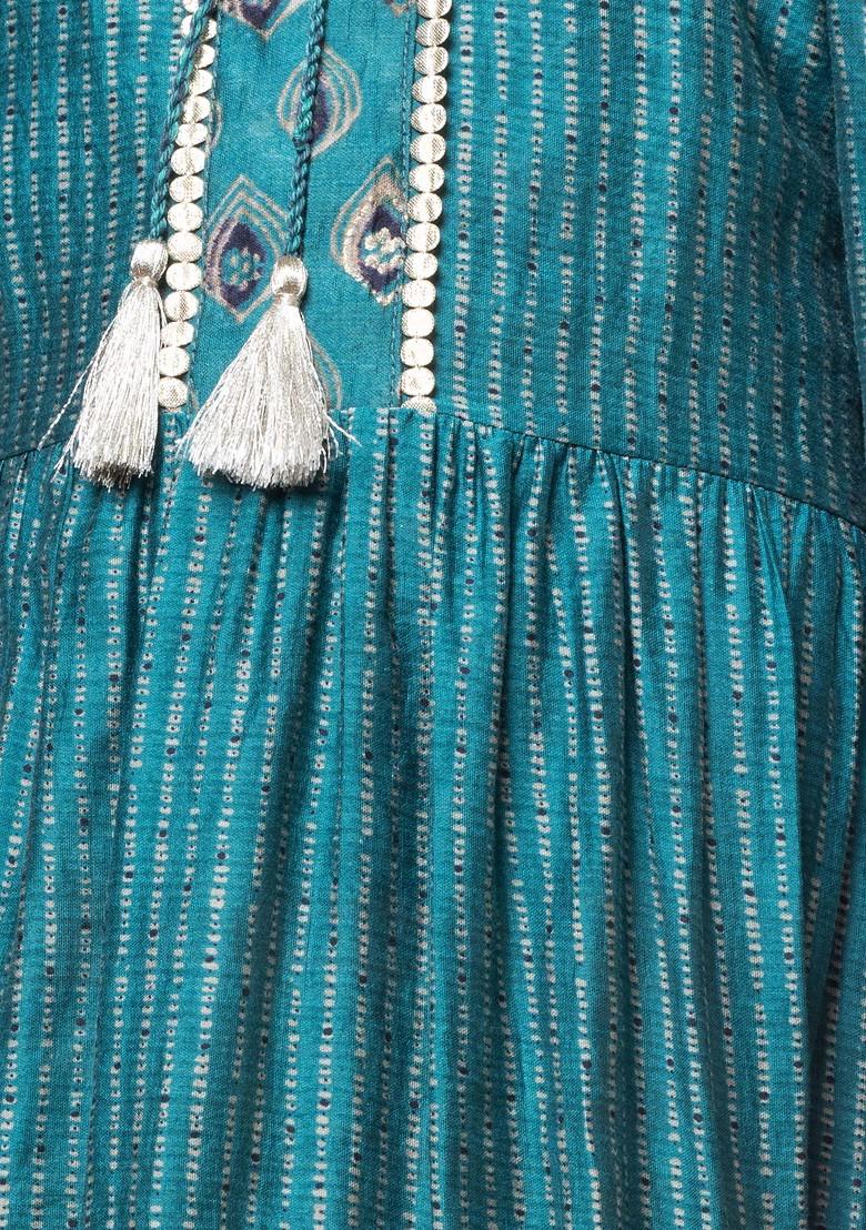 Turquoise Green Floral Foil Print Tiered Dress