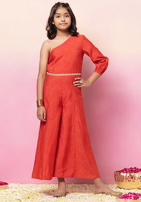 Red Printed One Shoulder Jumpsuit With Dori Belt (Set of 2)
