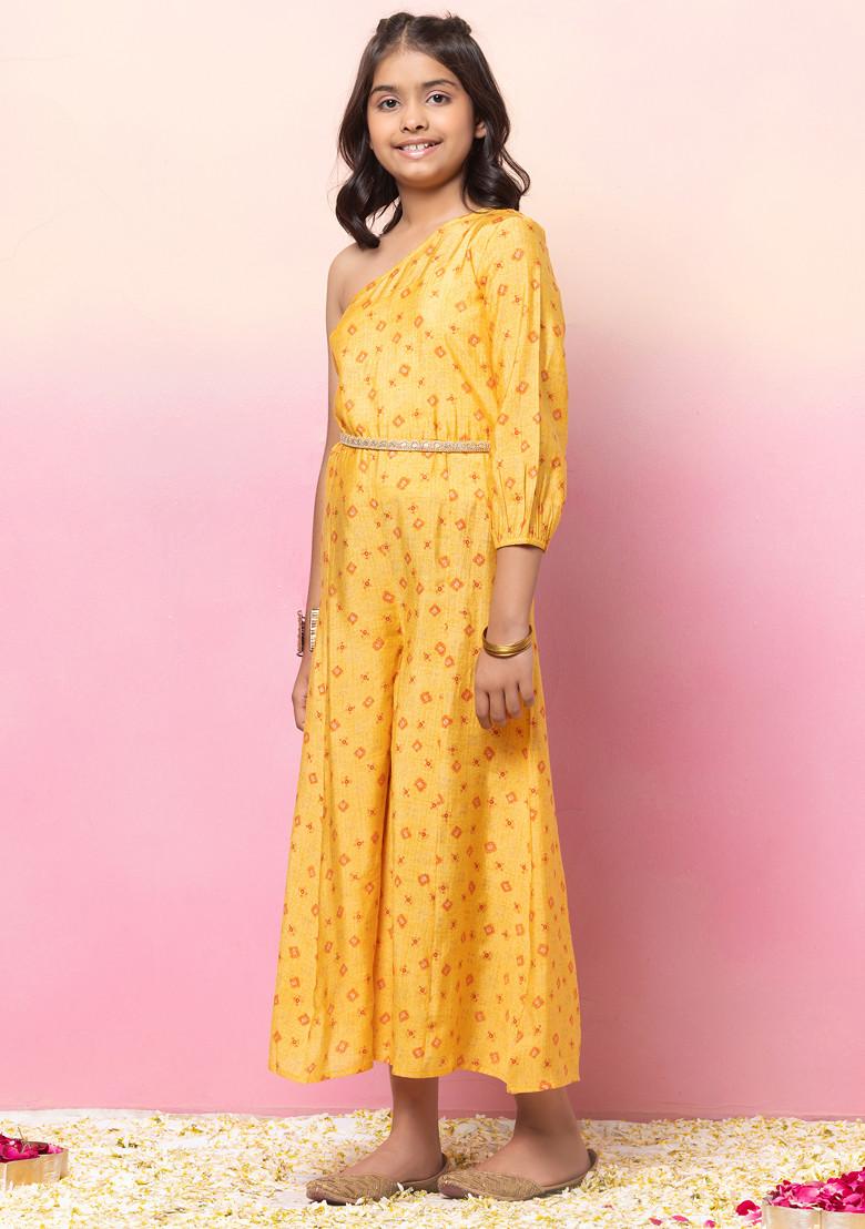 Mustard Yellow Floral Print One Shoulder Jumpsuit With Dori Belt (Set of 2)
