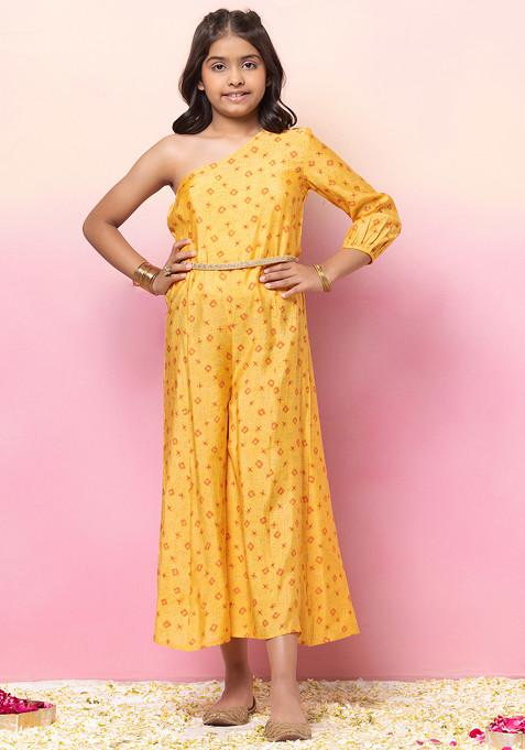 Mustard Yellow Floral Print One Shoulder Jumpsuit With Dori Belt (Set of 2)