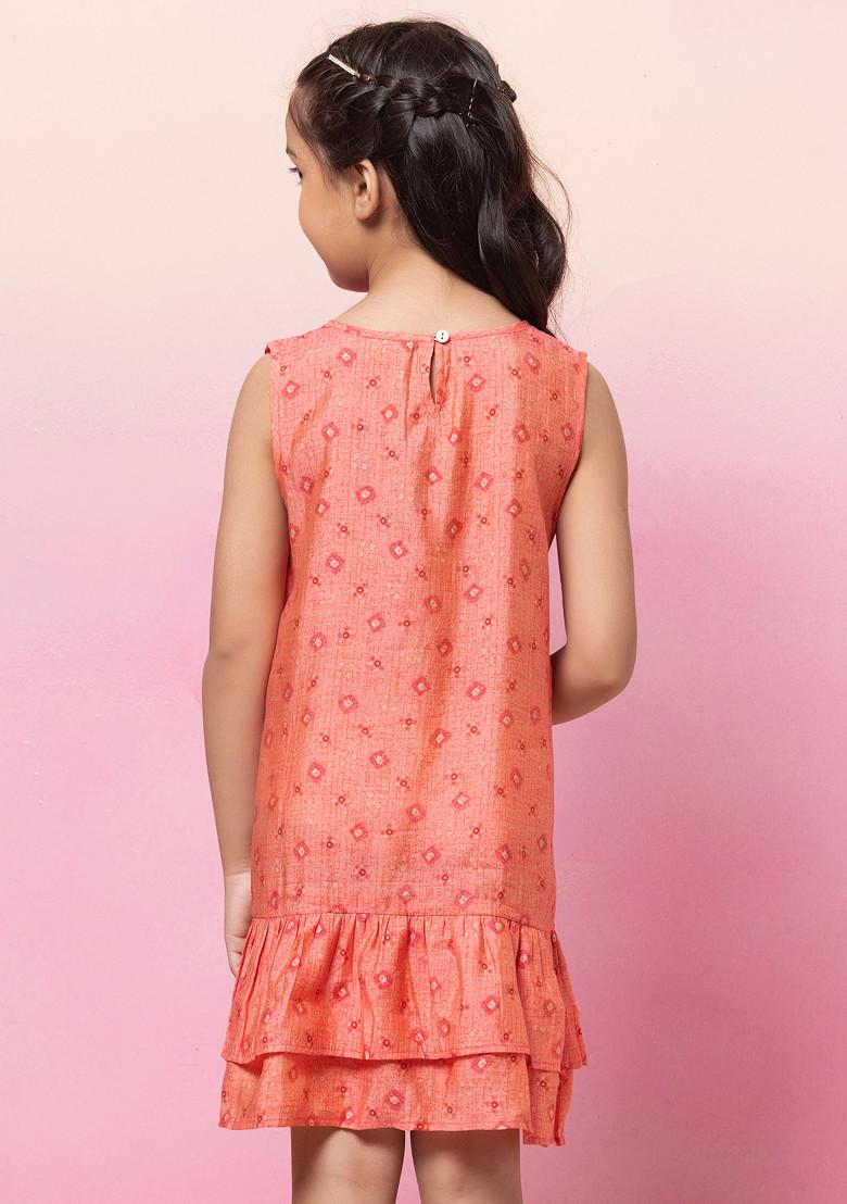 Peach Bandhani Print Sleeveless Tiered Dress