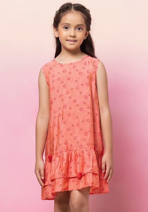 Peach Bandhani Print Sleeveless Tiered Dress