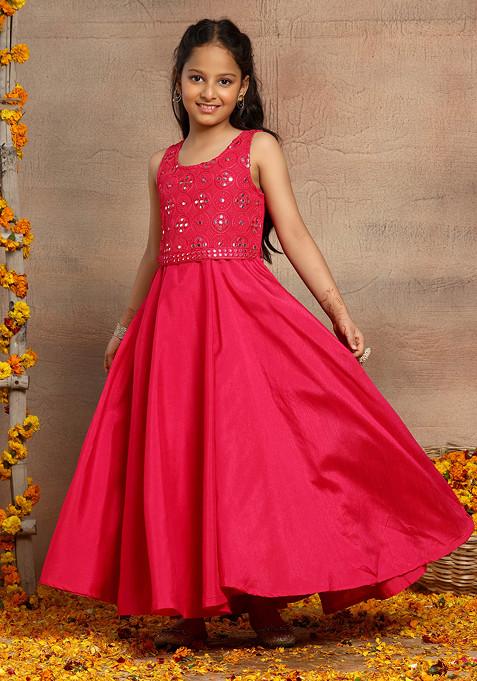Hot Pink Embroidered Yoke Dress With Tie Up Belt (Set of 2)