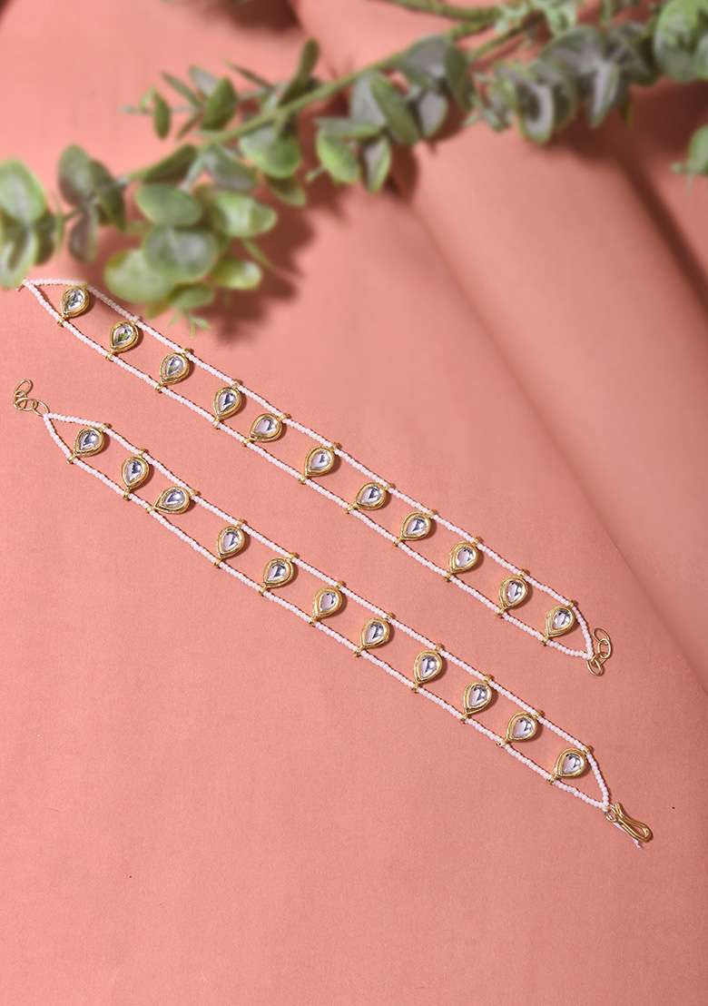 White Gold Tone Kundan Anklets - Indya