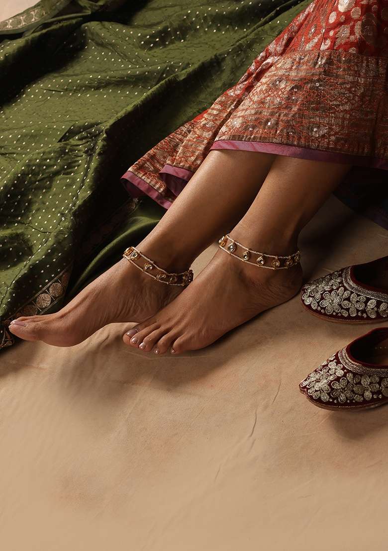 White Gold Tone Kundan Anklets - Indya