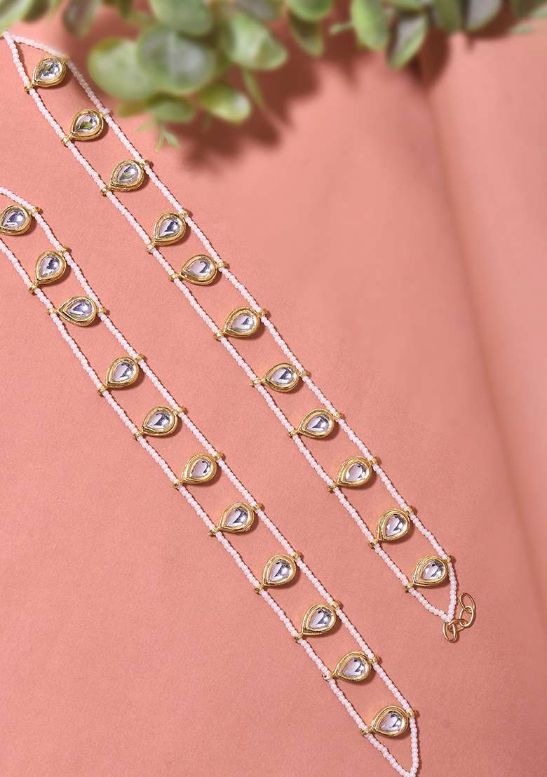 White Gold Tone Kundan Anklets - Indya