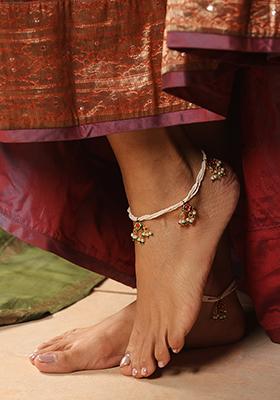 Red Gold Tone Kundan And Pearl Anklets