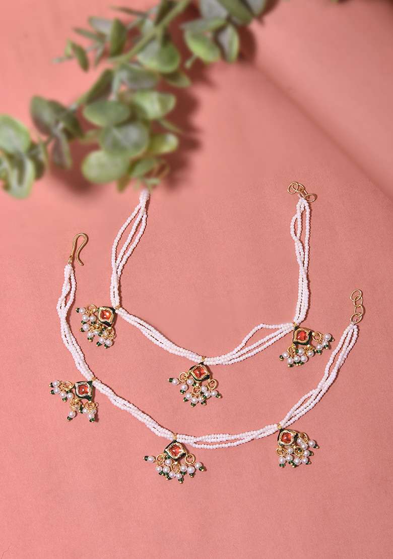 Red Gold Tone Kundan And Pearl Anklets - Indya